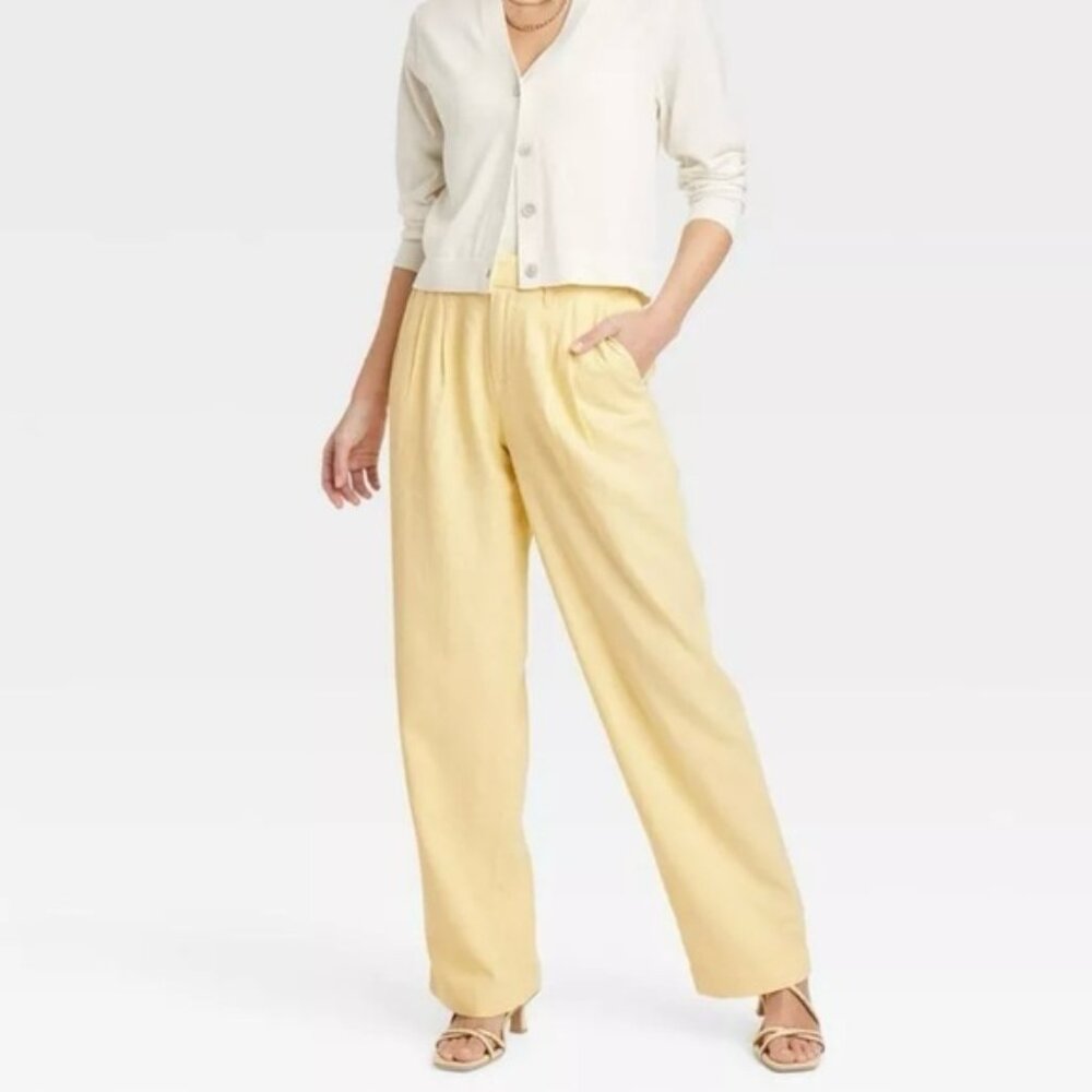a new‎ day Linen Wide Leg Pants 4 Pleated Front High Rise Waist Yellow